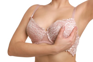 Photo of Woman wearing beautiful bra on white background, closeup