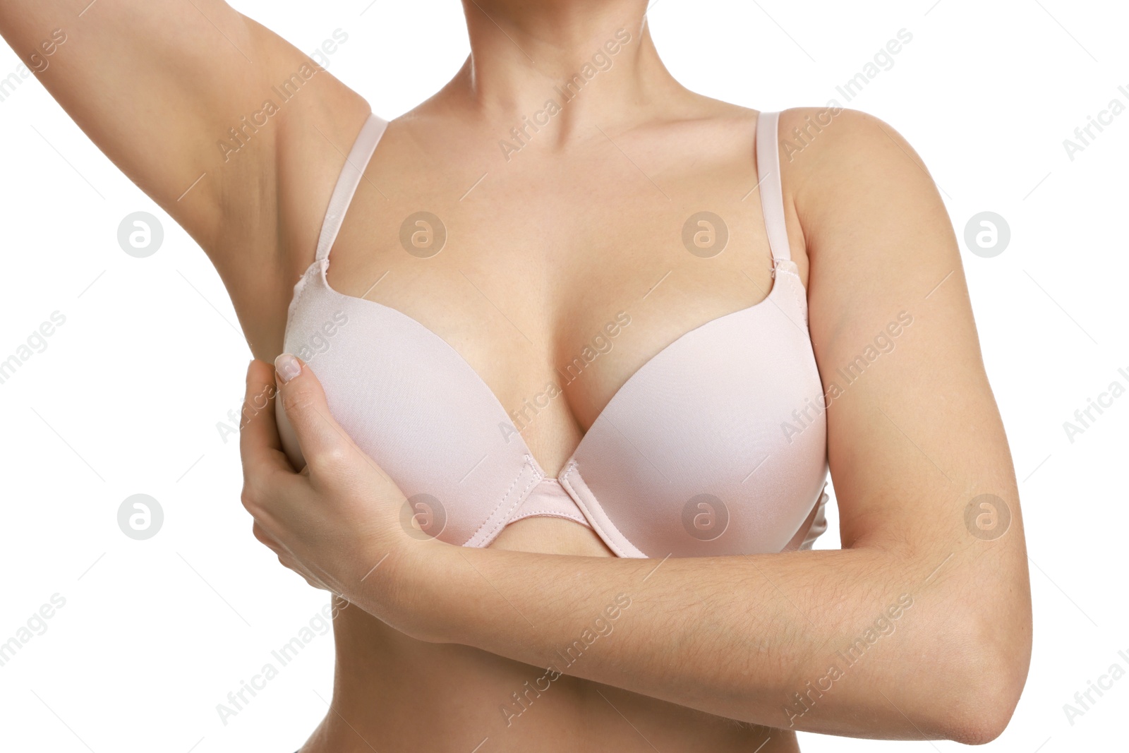 Photo of Woman wearing beautiful bra on white background, closeup