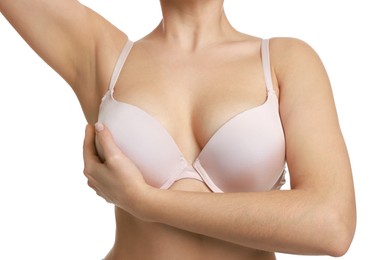 Photo of Woman wearing beautiful bra on white background, closeup