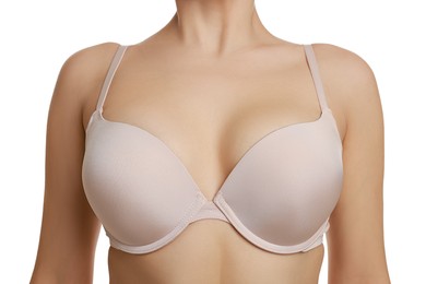 Photo of Woman wearing beautiful bra on white background, closeup