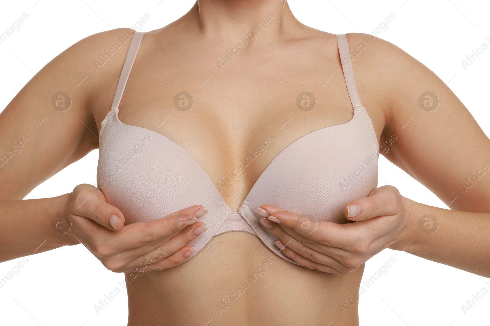 Photo of Woman wearing beautiful bra on white background, closeup