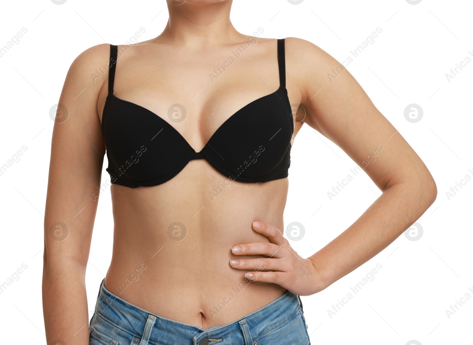 Photo of Woman wearing beautiful bra on white background, closeup