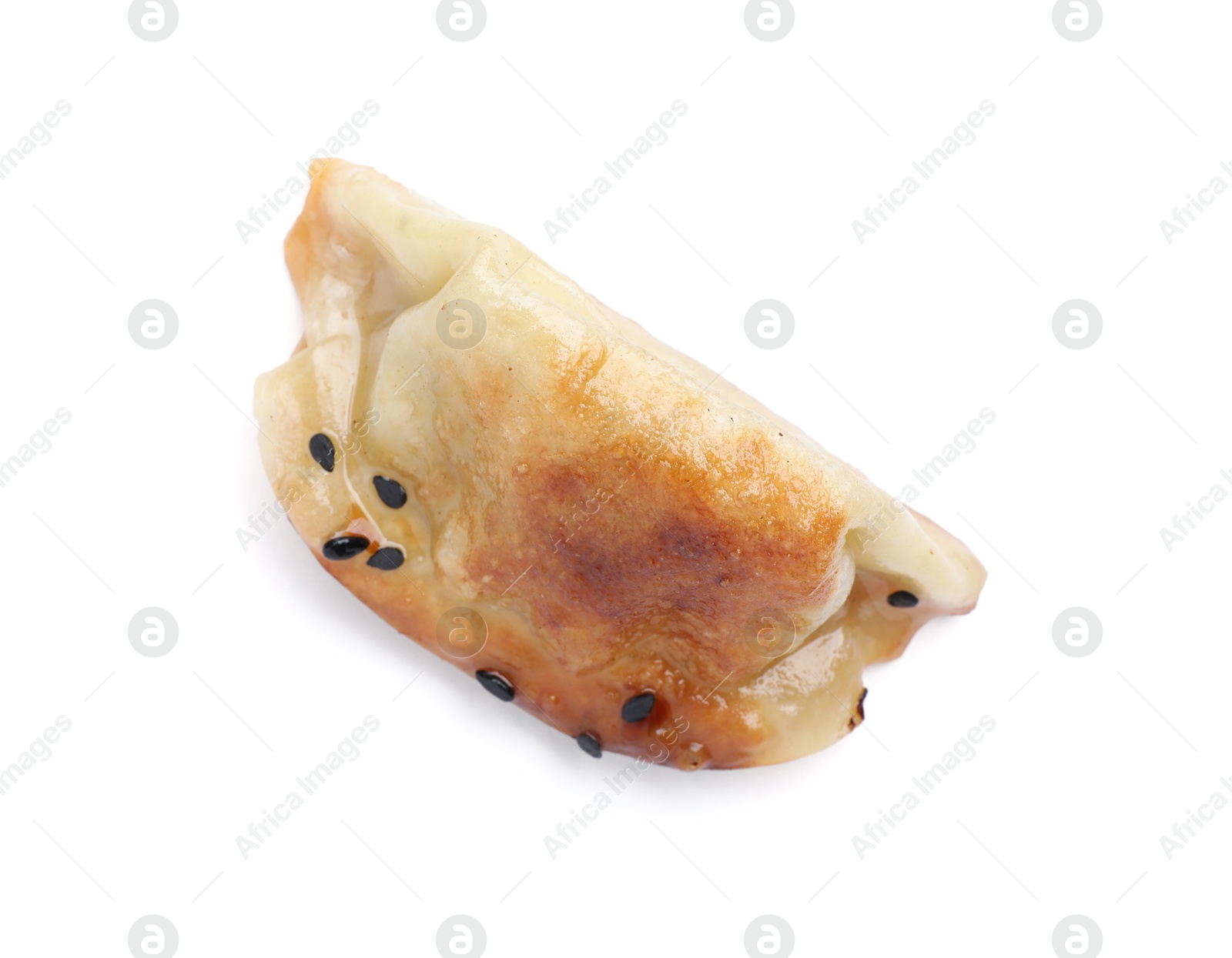 Photo of One fried gyoza dumpling isolated on white, top view