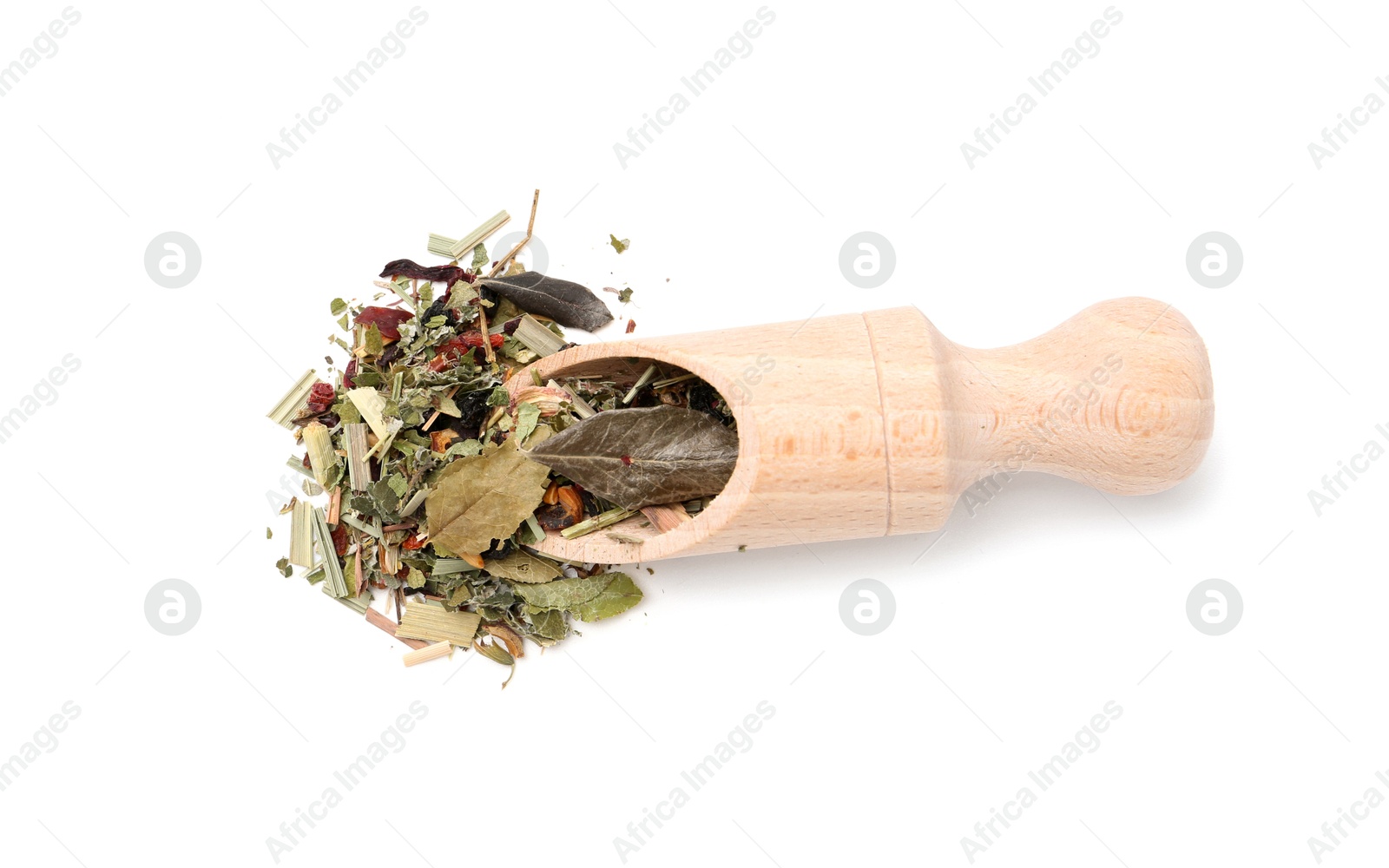 Photo of Dry herbal tea brew in scoop isolated on white, top view