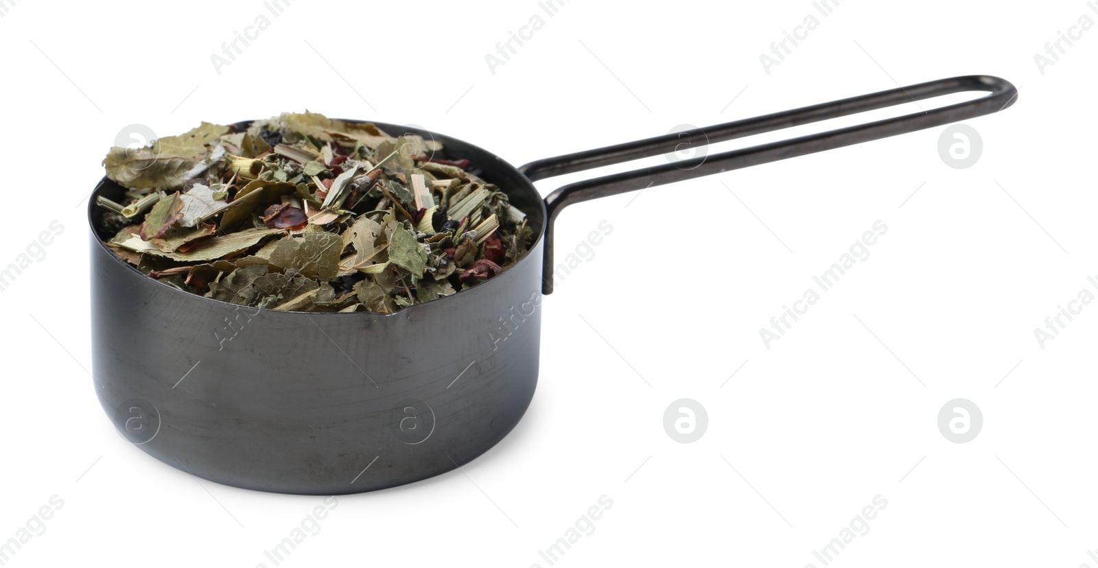 Photo of Dry herbal tea brew in scoop isolated on white