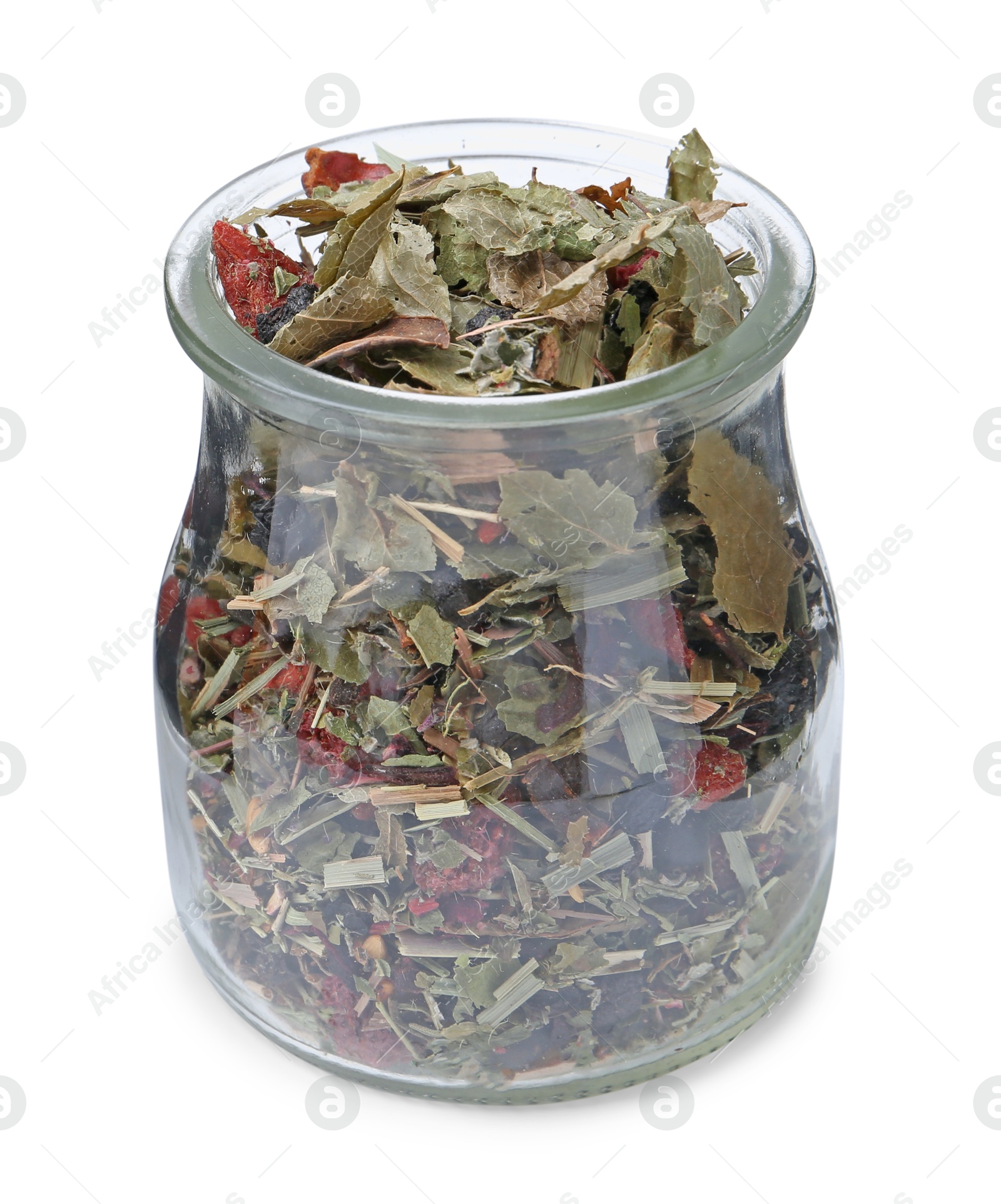 Photo of Dry herbal tea brew in jar isolated on white