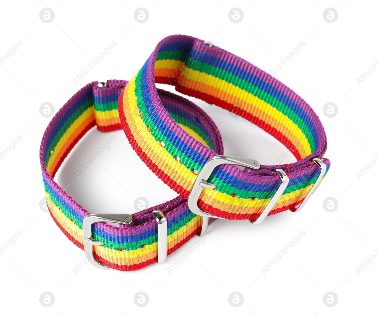 Photo of Two wristbands in LGBT colors on white background