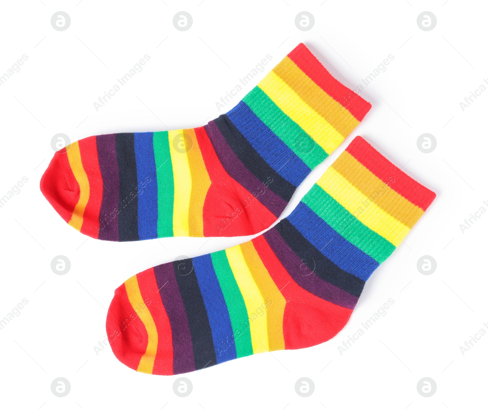 Photo of Pair of socks in LGBT colors on white background, top view