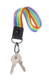 Photo of Keys with keychain in LGBT colors on white background