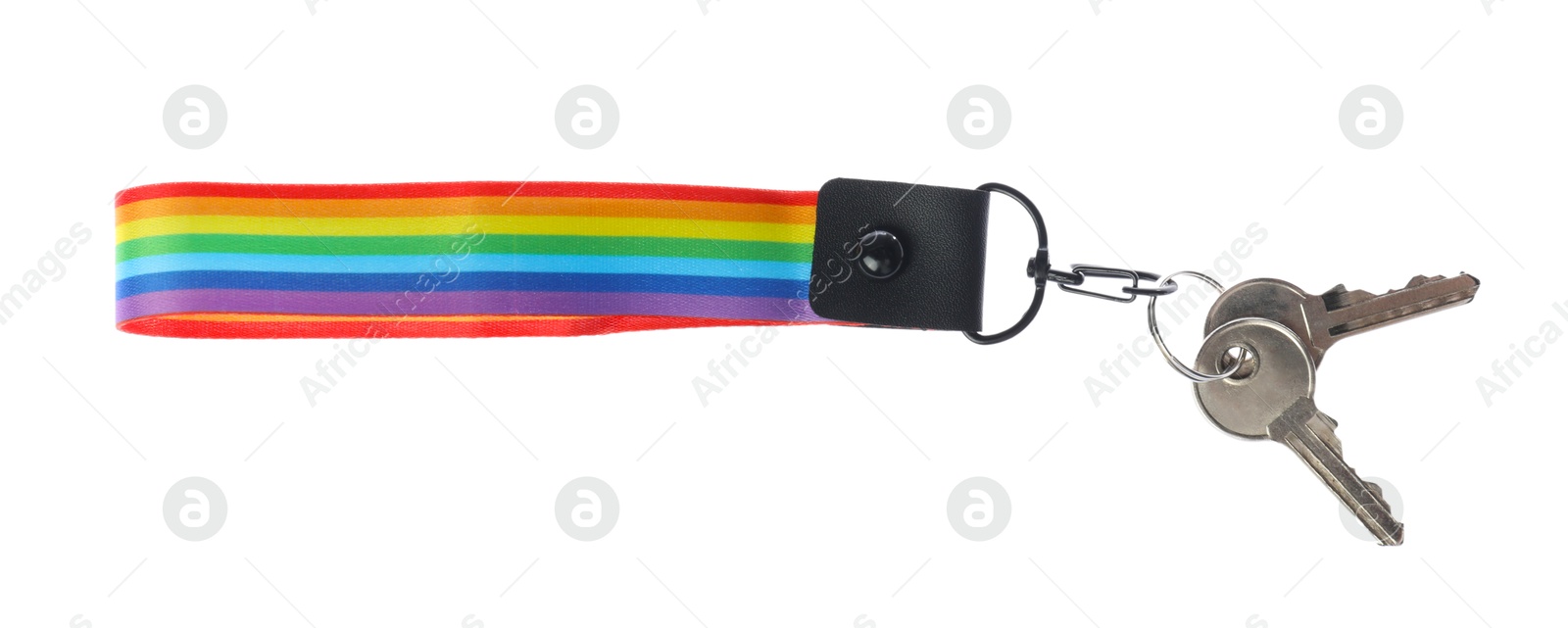 Photo of Keys with keychain in LGBT colors on white background