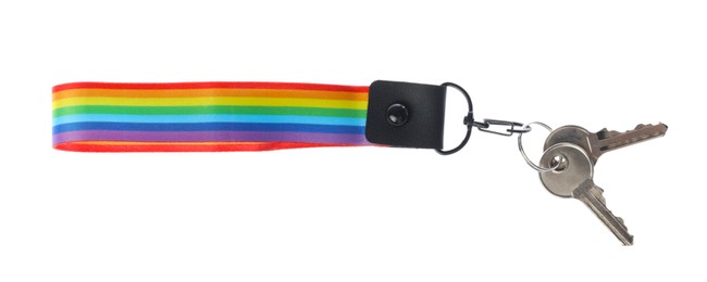 Photo of Keys with keychain in LGBT colors on white background