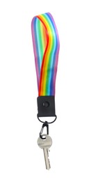 Photo of Key with keychain in LGBT colors on white background