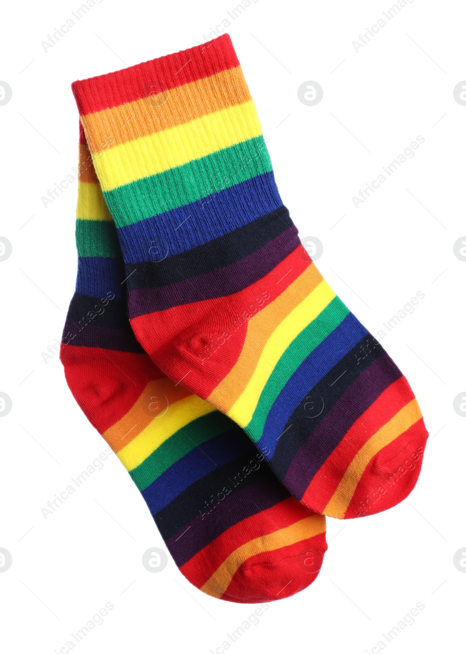 Photo of Pair of socks in LGBT colors on white background