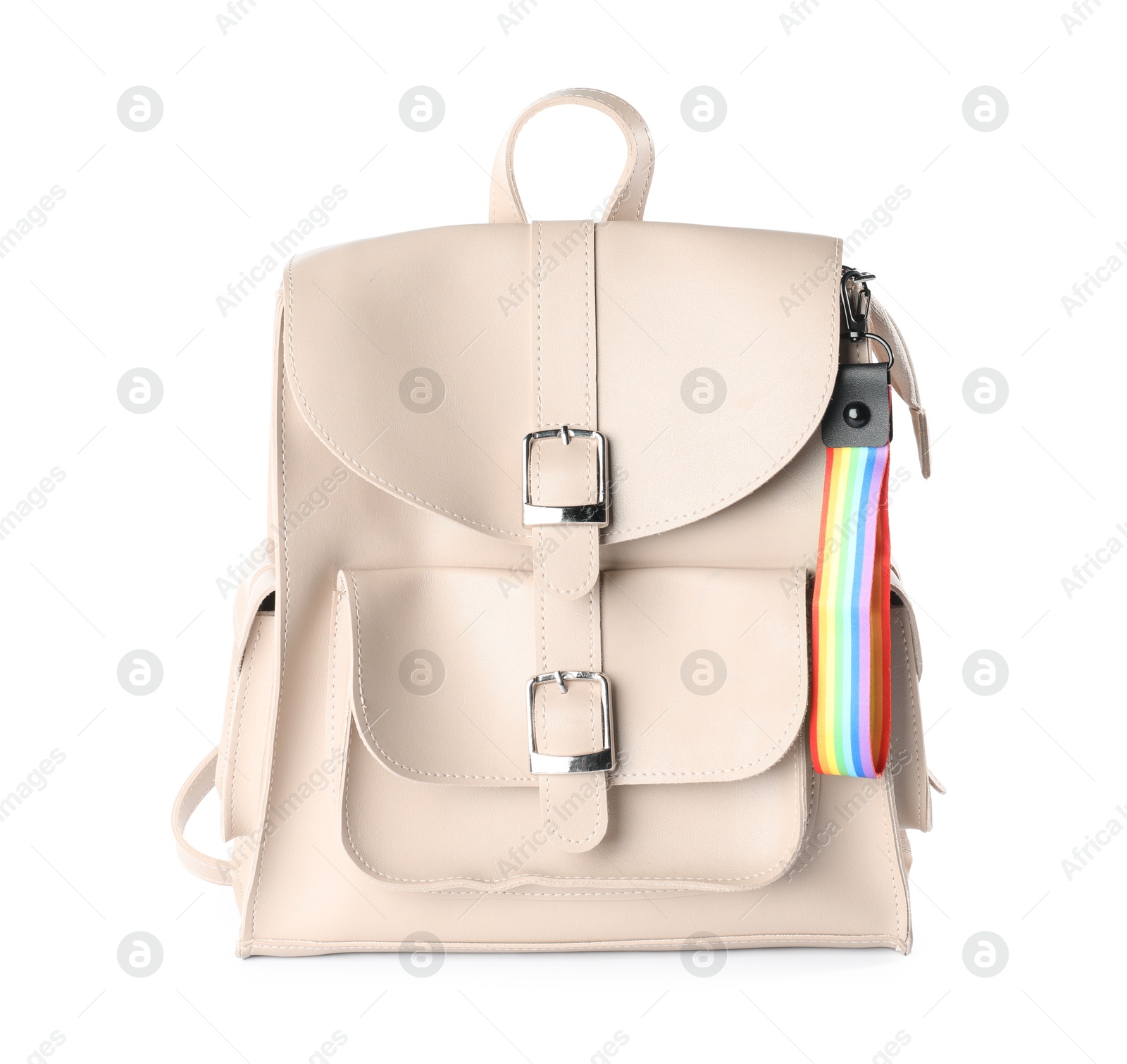 Photo of Backpack with keychain in LGBT colors on white background