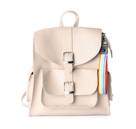 Photo of Backpack with keychain in LGBT colors on white background