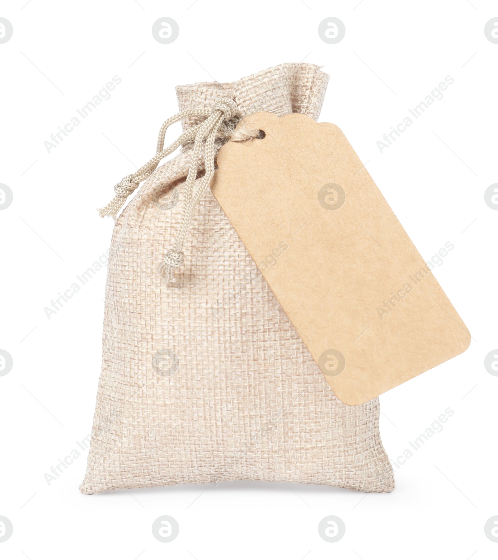 Photo of Burlap bag with tag isolated on white