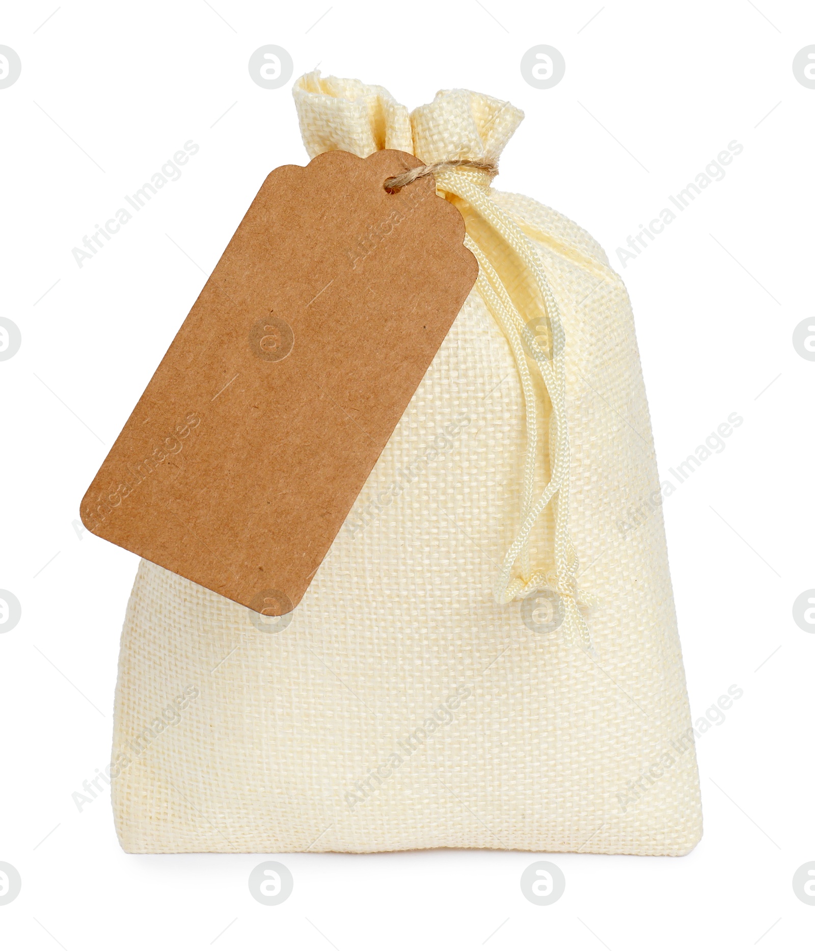 Photo of Burlap bag with tag isolated on white