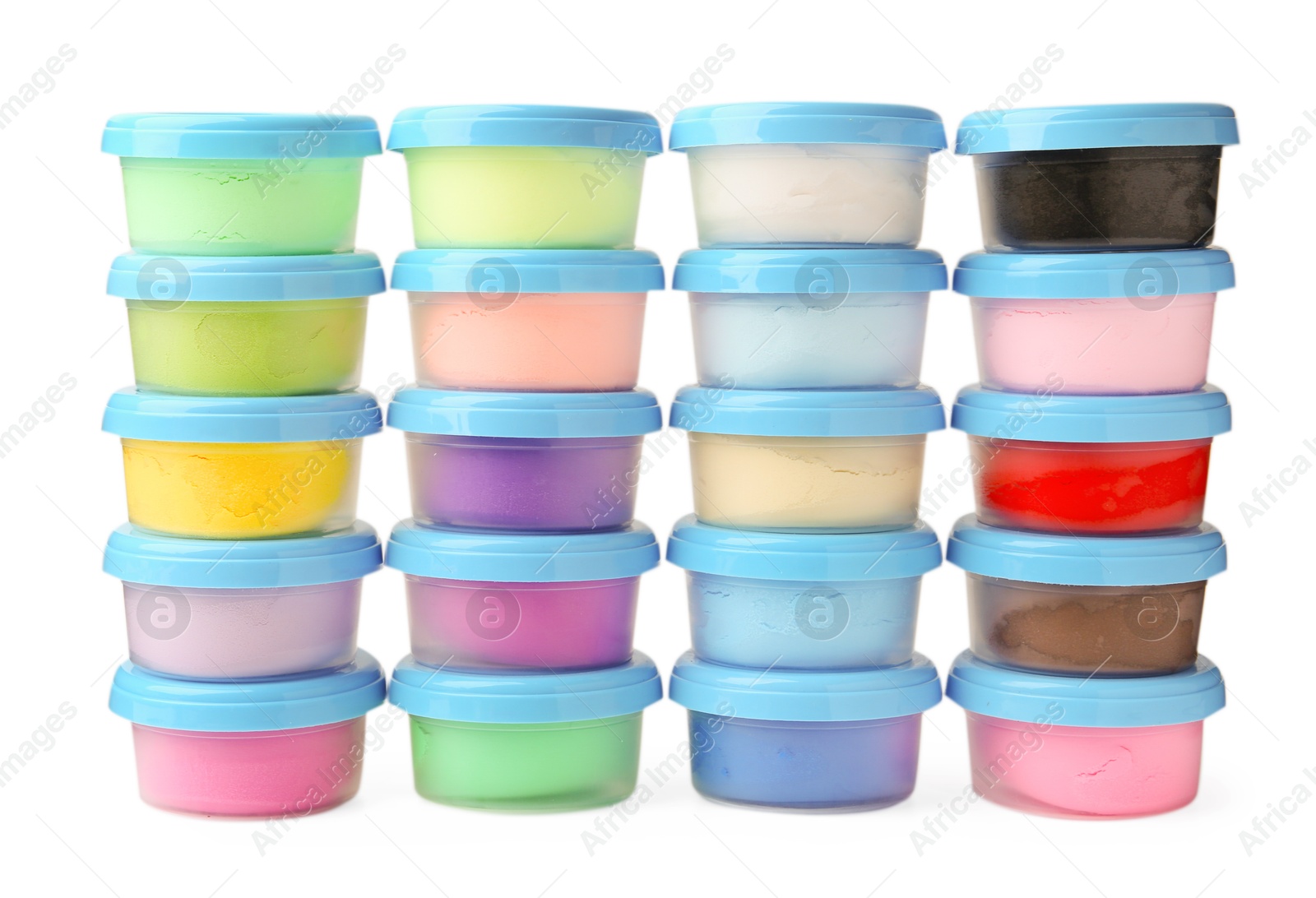 Photo of Different colorful modeling clay in plastic jars isolated on white