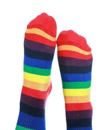 Photo of Woman wearing socks in LGBT colors on white background, closeup