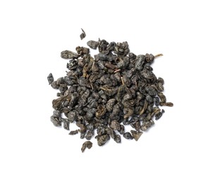 Photo of Pile of dry tea leaves isolated on white, top view