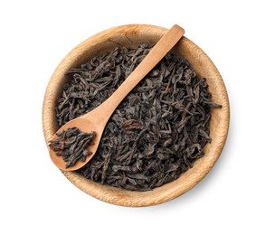 Photo of Dry tea leaves in bowl and spoon isolated on white, top view