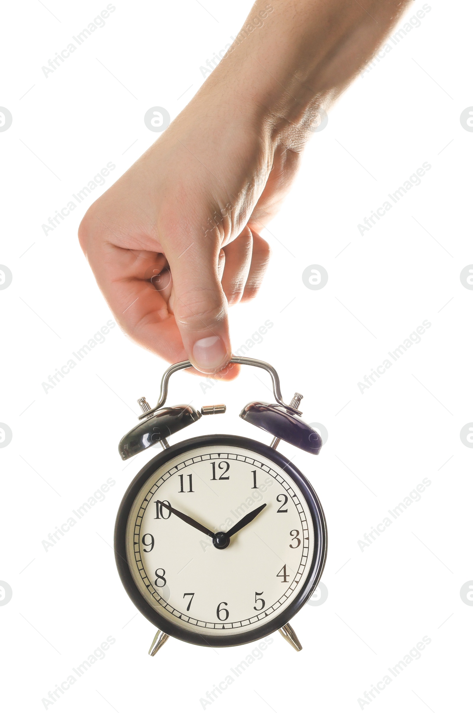 Photo of Man with black alarm clock on white background, closeup