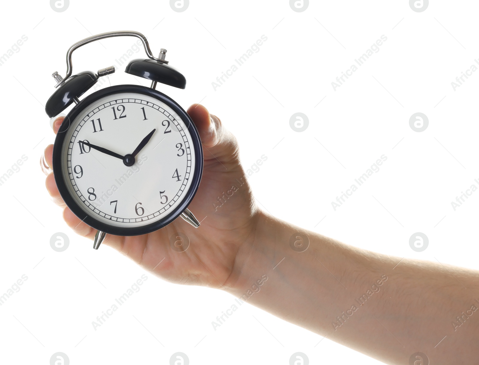 Photo of Man with black alarm clock on white background, closeup