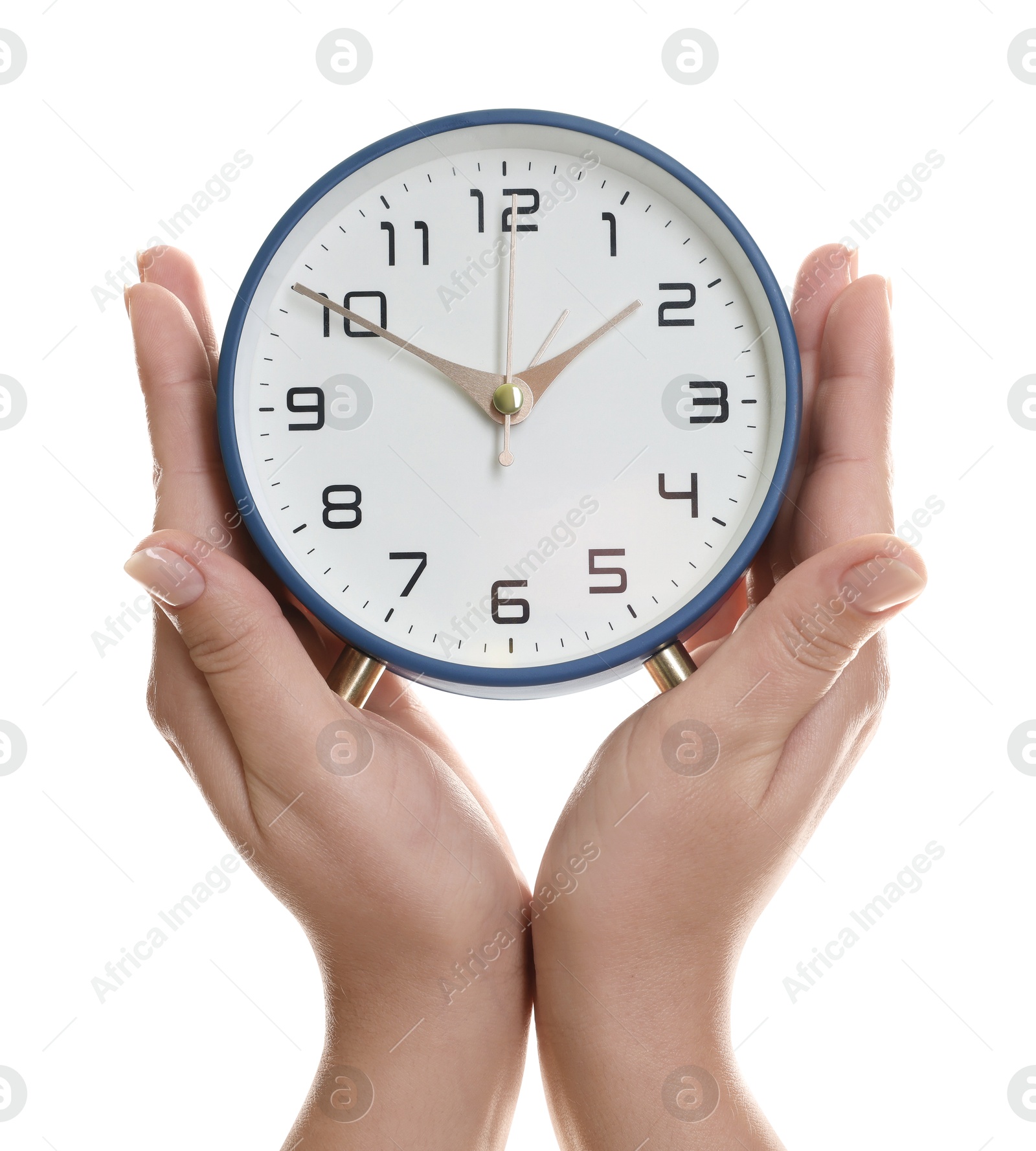 Photo of Woman with alarm clock on white background, closeup