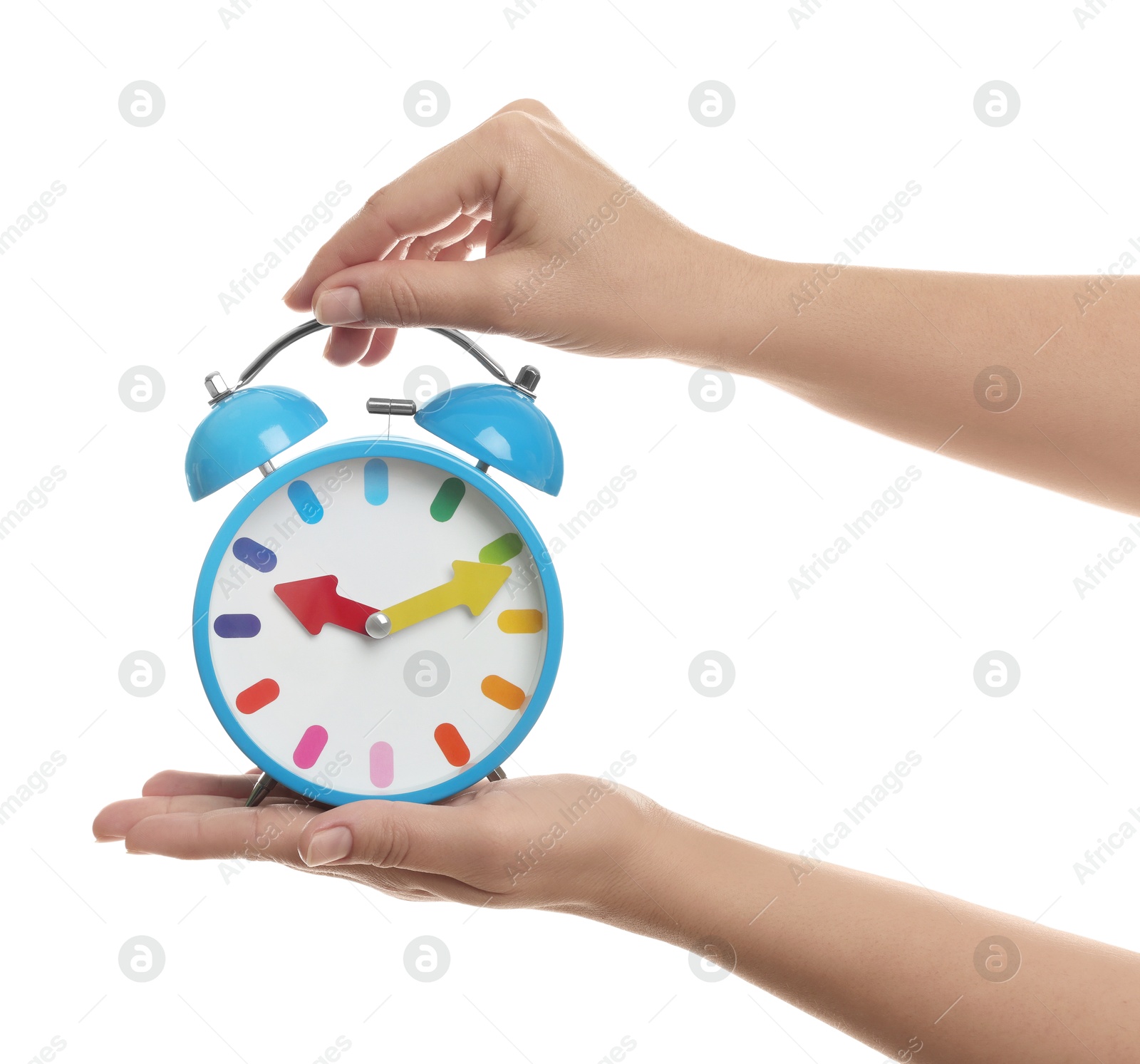 Photo of Woman with alarm clock on white background, closeup