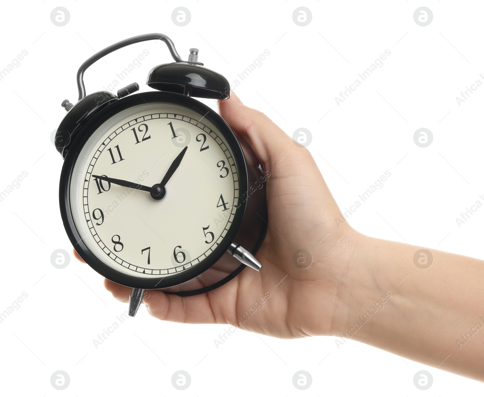 Photo of Woman with alarm clock on white background, closeup