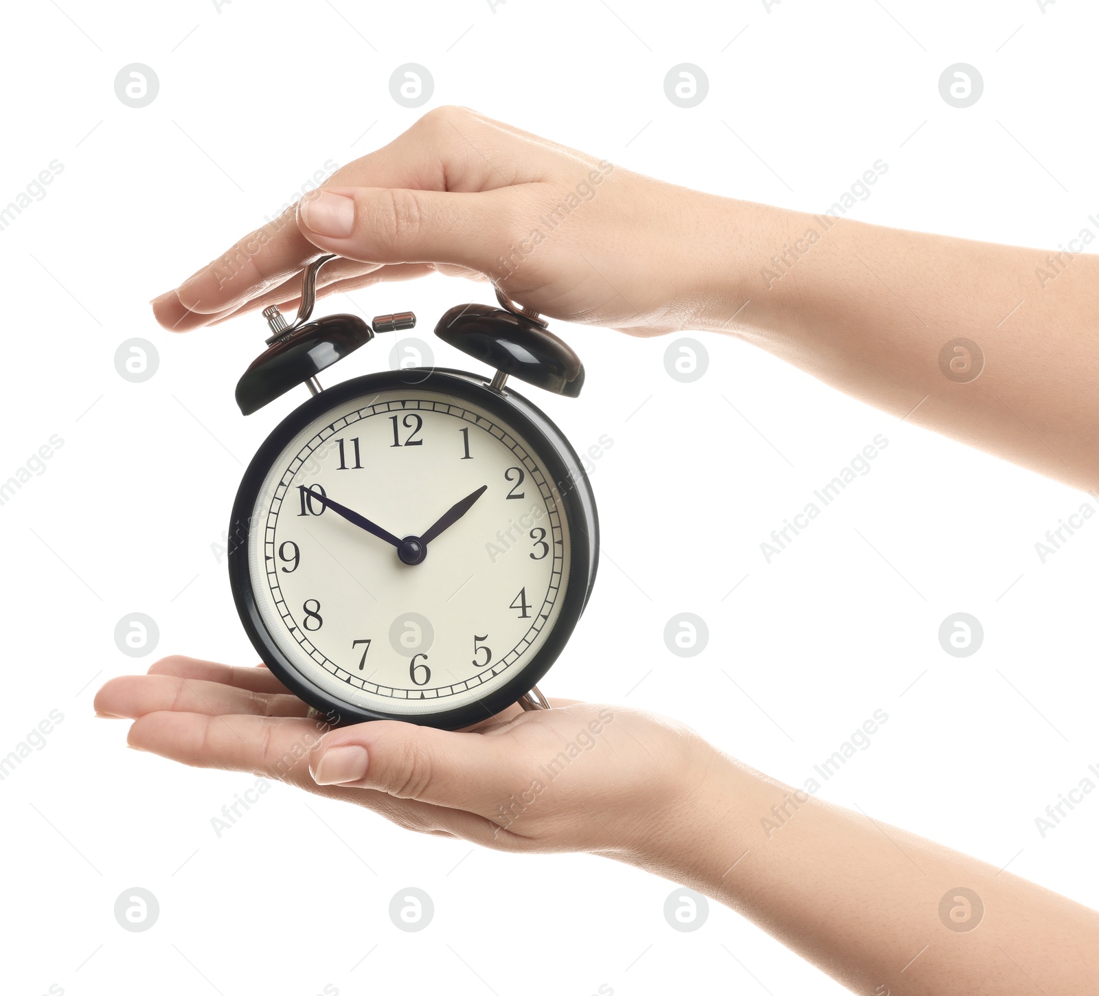 Photo of Woman with alarm clock on white background, closeup