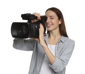 Photo of Happy woman with professional video camera on white background