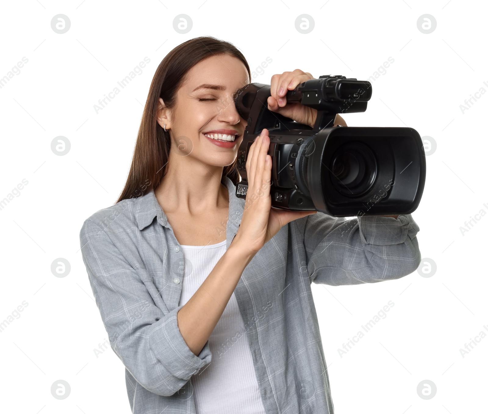 Photo of Happy woman with professional video camera on white background