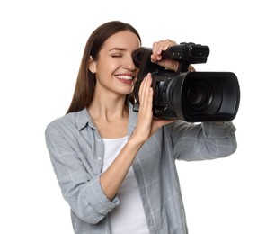 Photo of Happy woman with professional video camera on white background