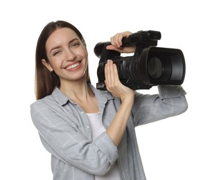 Photo of Happy woman with professional video camera on white background