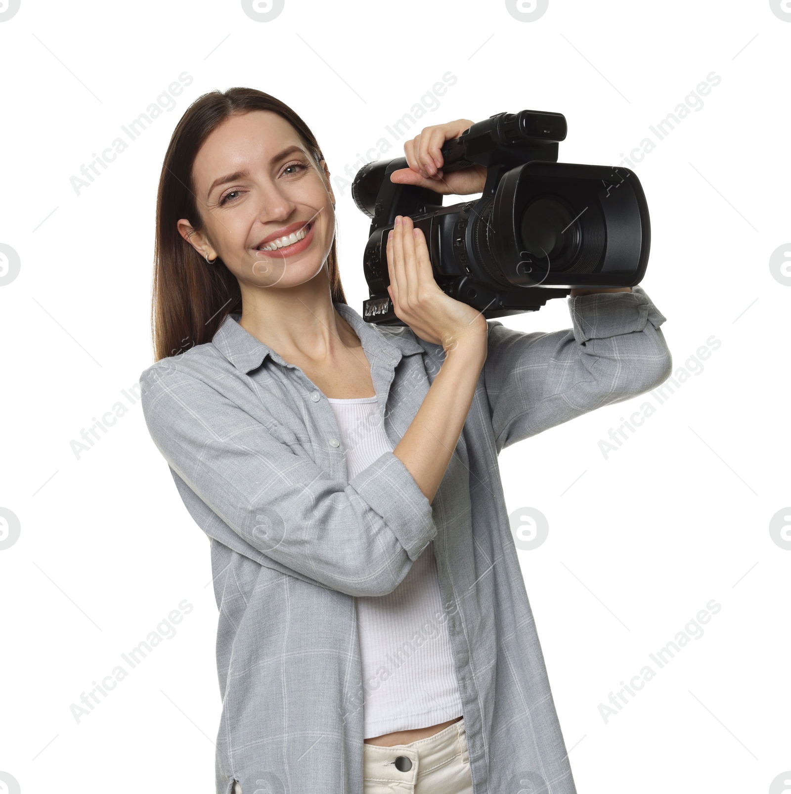 Photo of Happy woman with professional video camera on white background