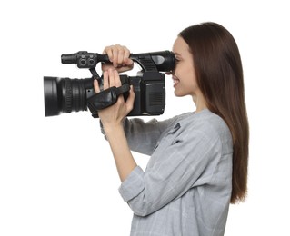 Photo of Happy woman with professional video camera on white background