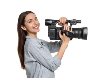 Photo of Happy woman with professional video camera on white background