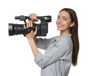 Photo of Happy woman with professional video camera on white background