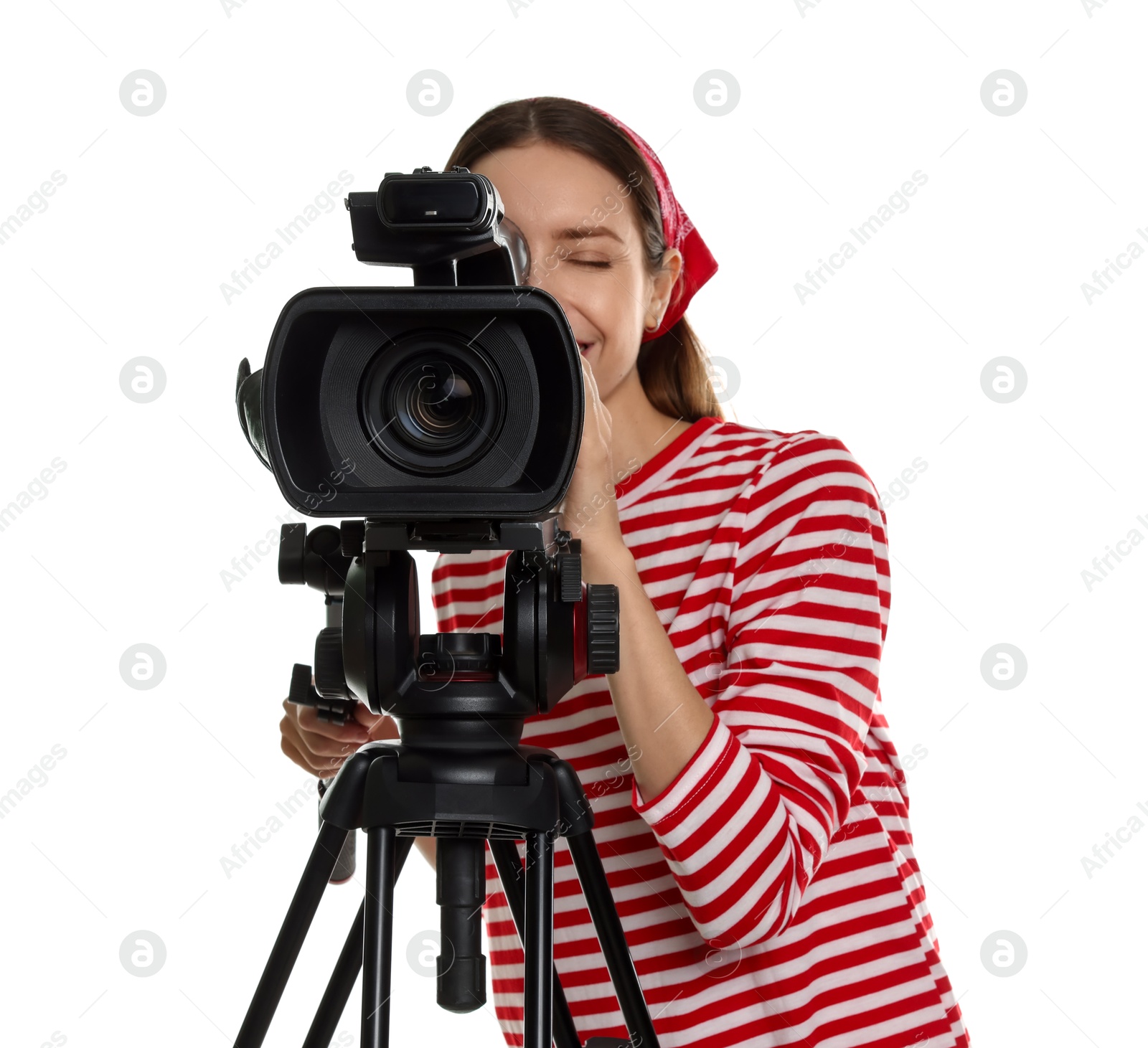 Photo of Happy woman with professional video camera on white background