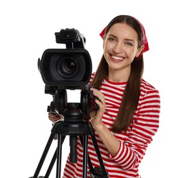 Photo of Happy woman with professional video camera on white background