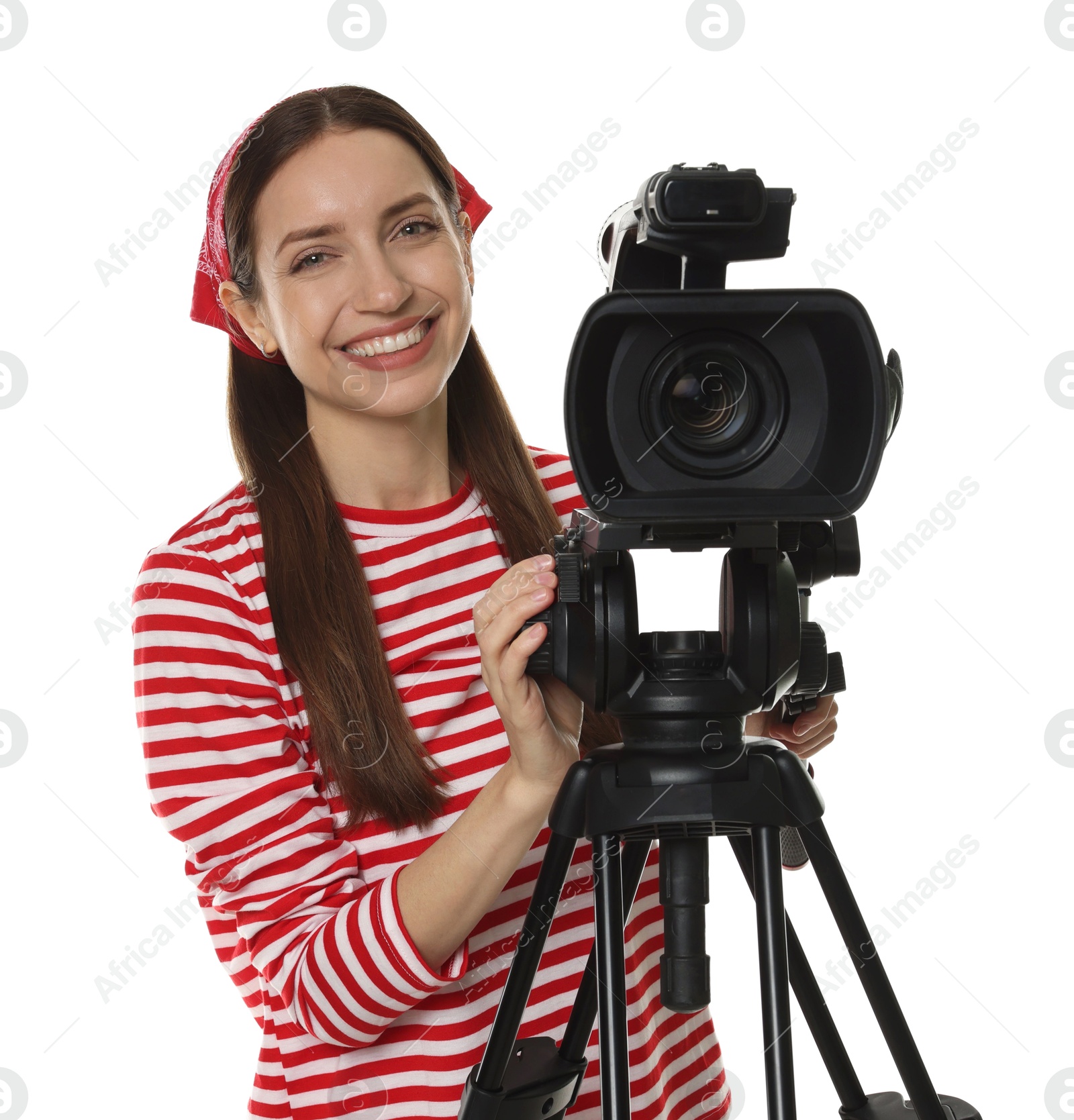 Photo of Happy woman with professional video camera on white background