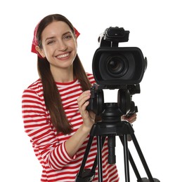 Photo of Happy woman with professional video camera on white background