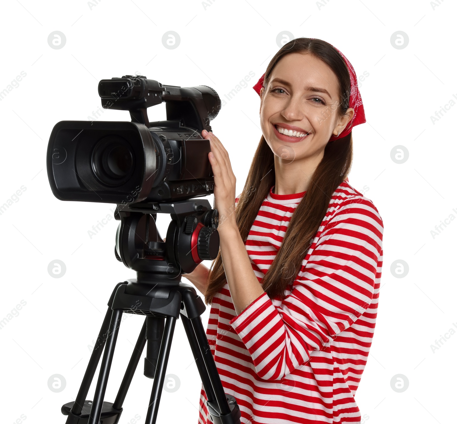 Photo of Happy woman with professional video camera on white background