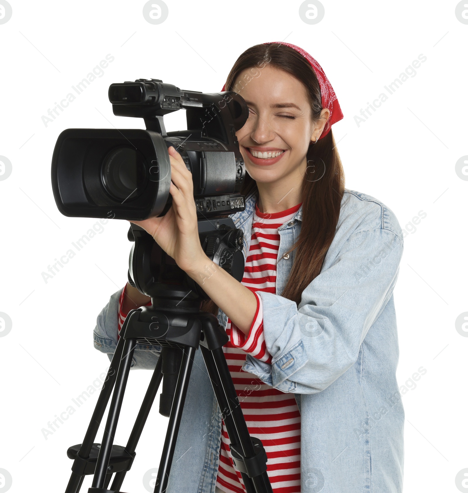 Photo of Happy woman with professional video camera on white background