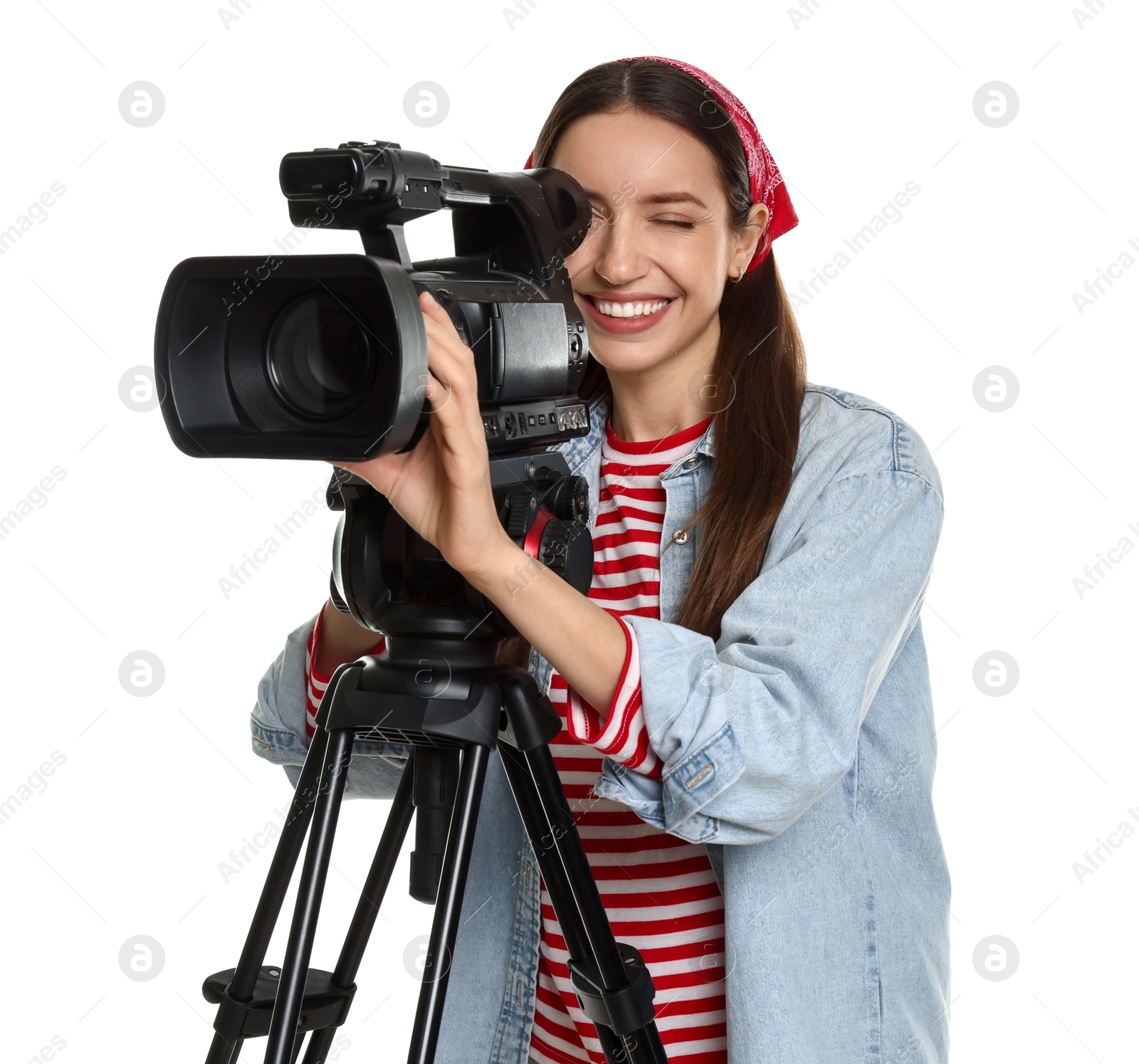 Photo of Happy woman with professional video camera on white background