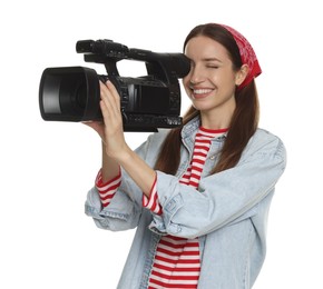 Photo of Happy woman with professional video camera on white background