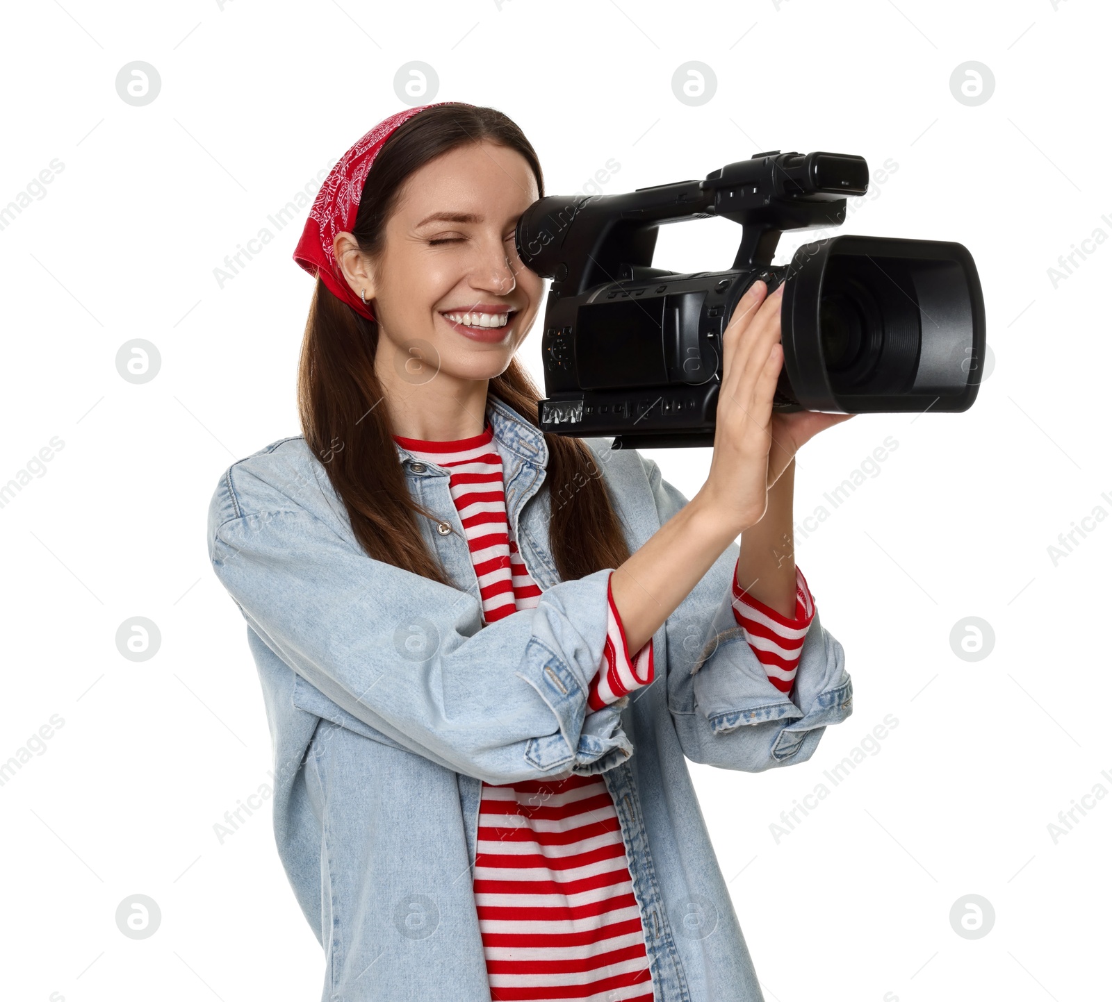 Photo of Happy woman with professional video camera on white background