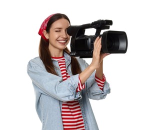 Photo of Happy woman with professional video camera on white background