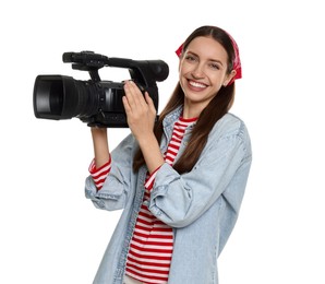 Photo of Happy woman with professional video camera on white background